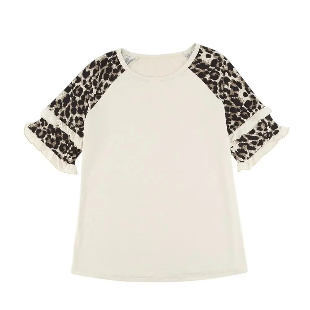 Tan Ruffled Leopard Sleeve Patchwork Top New Size Small